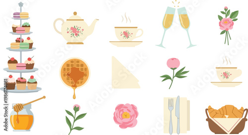 Collection of charming illustrations featuring tea party elements like teapots cups pastries champagne and floral decorations.