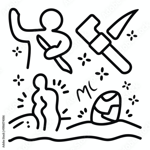 Set of 4 Primitive Doodle Line Art Icons Vector