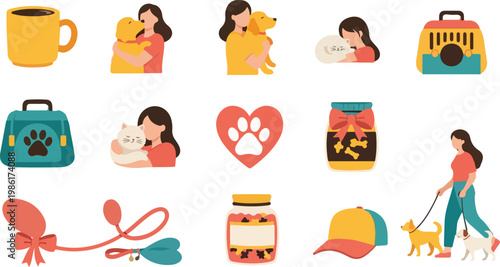 Collection of charming pet care and animal icons for loving owners and domestic animal activities vector.