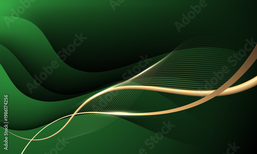 Abstract green luxury background with golden ribbon glitter elements and decoration design modern vector