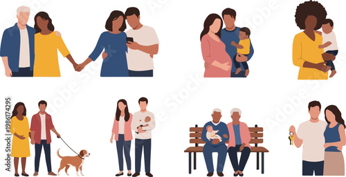 Diverse family couples and generations: holding hands, with smartphone, pregnant, with children, walking dog, seniors.