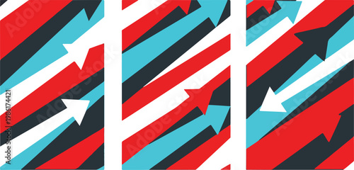 Dynamic upward trending arrows pattern with red blue and black colors for business growth concept.