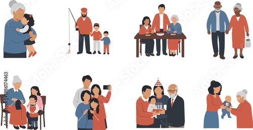 Family gathering, generations, birthday, cooking, playing, on checkered background vector illustration.
