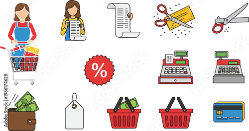 Grocery shopping icon collection with customer cashier wallet cash credit card and discount symbols for retail commerce.