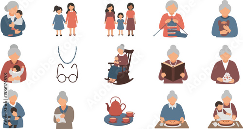 Generations of women icons depicting family, love, and care from grandmothers to mothers and children.