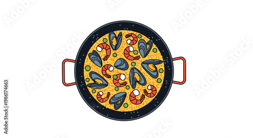 A traditional Spanish seafood paella is presented in a large black pan featuring golden saffron rice succulent shrimp mussels and vibrant green garden peas.