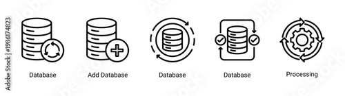 Data handling icon set with database and processing elements.Perfect for data management,storage,and digital system applications.