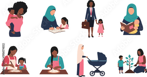 Illustrations of mothers and children interacting in daily life scenes showing family bonding and diverse cultural backgrounds.