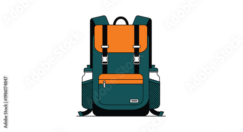 A functional teal and orange hiking backpack featuring black straps and side mesh pockets holding clear water bottles against a clean white background space.