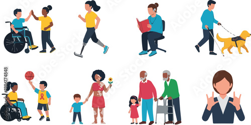 Inclusive community character set showing people with disabilities elderly individuals and diverse medical conditions flat.
