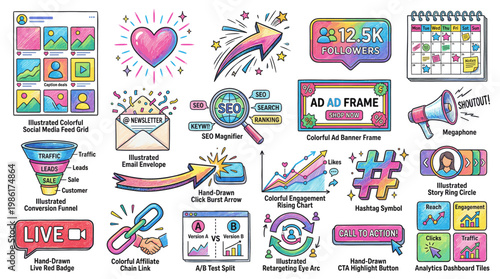 Social media marketing icon set with likes, followers, views, live stream, hashtags, ad frame, engagement charts, stickers and colorful influencer content elements
