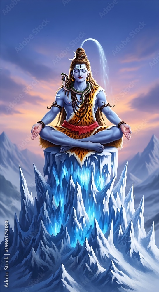Fototapeta premium Hindu deity Shiva meditating on mountain.