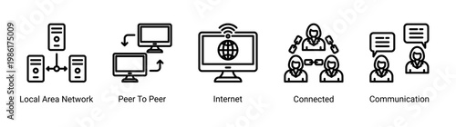 Network flow icon set featuring connection,internet,and communication systems.Suitable for networking and digital communication visuals.