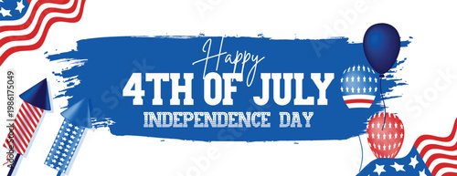 Happy 4th of July Independence Day banner with fireworks, balloons, and American flags, perfect for patriotic celebrations and festive holiday designs, patriotic background.