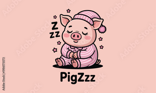 A charming illustration of a sleeping piglet in pajamas dreaming peacefully amidst twinkling stars on a soft pink background
