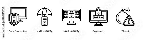 Security layer icon set with data protection,password,and threat elements.Ideal for cybersecurity and digital protection designs.