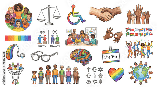 Diversity and inclusion icon set with multicultural people, equality scales, wheelchair access, handshake, sign language, pride symbols and community support elements