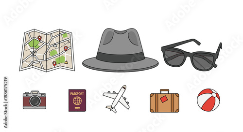 A comprehensive set of travel icons featuring a grey fedora hat and black sunglasses alongside a map camera passport airplane suitcase and beach ball.