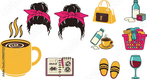 Messy motherhood life elements with laundry basket coffee mug notebook and hair bun illustrations for busy mom concept.