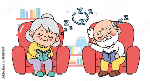 Two elderly people sitting comfortably in armchairs and enjoying a relaxing conversation at home