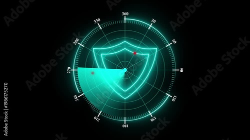 Futuristic radar screen displaying a glowing shield icon with a sweeping scanning beam and target markers, representing advanced cybersecurity monitoring and real-time digital defense systems.