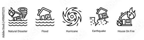 Disaster events icon set with natural hazards and emergency situations.Ideal for crisis management and environmental risk designs.