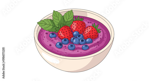 A delicious purple acai smoothie bowl sits in a ceramic dish garnished with ripe red strawberries and fresh green mint leaves under bright studio lighting.