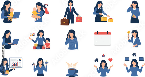 Modern working woman icons demonstrating business, family, and multitasking life balance vector.