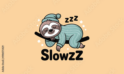 A charming cartoon illustration of a sleepy sloth hanging from a branch peacefully napping with 'slowzz' text