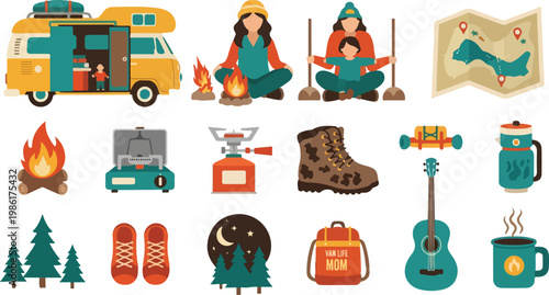 Outdoor camping equipment and van life mother character set with hiking boots guitar bonfire and travel map elements.