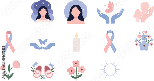 Pregnancy loss awareness symbols with pink and blue ribbons butterfly candle and angel baby icons for mourning support.
