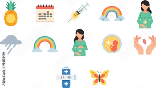 Pregnancy icons collection depicting pineapple, calendar, syringe, rainbow, pregnant woman, fetus, hands, and pregnancy test.