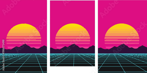 Retro eighties synthwave sunset landscape with neon grid and silhouette mountains set of vertical banner templates style.