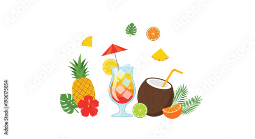 An icy tropical cocktail glass is surrounded by a whole pineapple and a cracked coconut among vibrant hibiscus flowers and lush green monstera palm leaves.