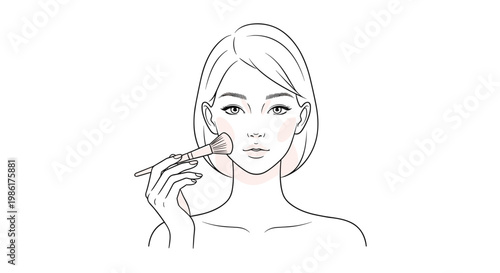 A beautiful woman with delicate features applies soft pink blush to her cheek using a professional makeup brush in a clean minimalist line art style design.