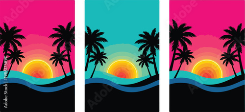 Summer sunset palm tree beach landscape with tropical ocean coast at dusk in retro neon pink and blue style vector art.