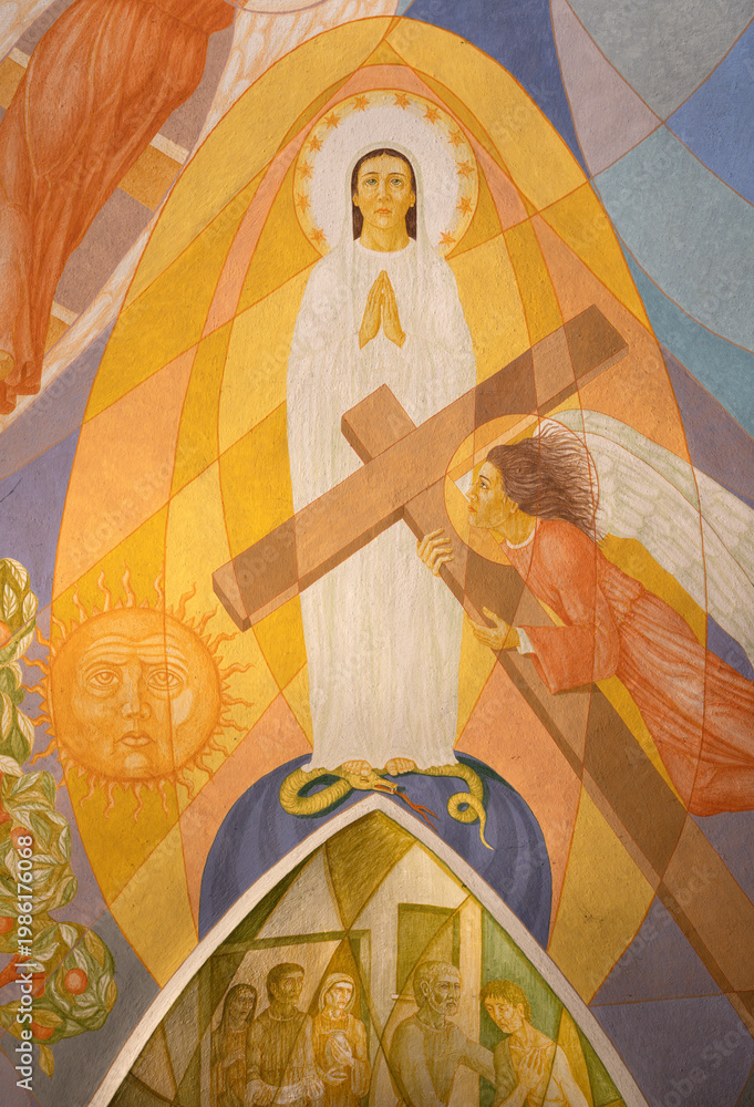 Fototapeta premium CREMA, ITALY - MARCH 20, 2026: The detail of ceiling fresco in sacristy (Immaculate Conception) of the church Santuario di Santa Maria della Croce by Rosario Follini (1998).