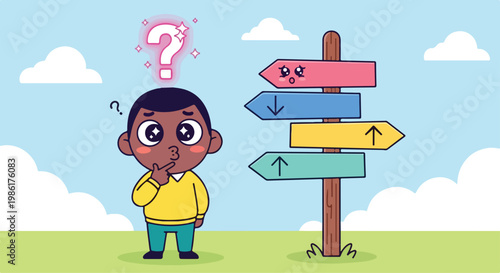 Young child standing outdoors near a colorful directional signpost with question mark above head contemplating choices