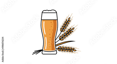 A tall glass of golden lager topped with thick white foam stands prominently beside several detailed stalks of ripe wheat on a plain white background.
