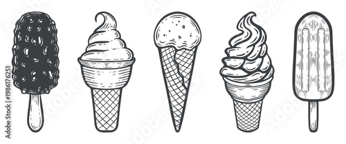 Ice cream set with cones and popsicles, hand-drawn vector illustration, isolated, dessert collection in vintage engraving style, black and white lines, food clipart, sweet treats elements for menu