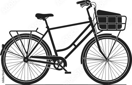 Black silhouette of a classic city commuter bicycle with front basket and rear luggage rack for urban lifestyle and eco-friendly transportation needs.