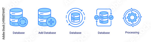 Data handling icon set with database and processing elements.Perfect for data management,storage,and digital system applications.