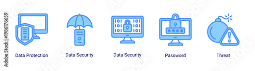 Security layer icon set with data protection,password,and threat elements.Ideal for cybersecurity and digital protection designs.