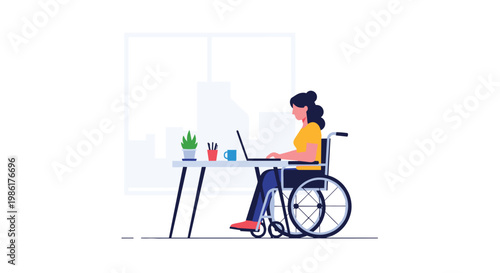 A focused young woman wearing a vibrant yellow shirt operates a laptop from her wheelchair at a desk positioned before a large city window during the day.
