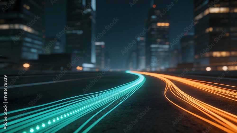 Fototapeta premium Futuristic city road with glowing light trails