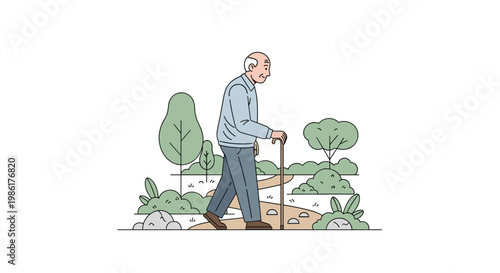 A senior man with a wooden walking cane enjoys a peaceful stroll along a winding path through a lush park filled with rounded green trees and small bushes.
