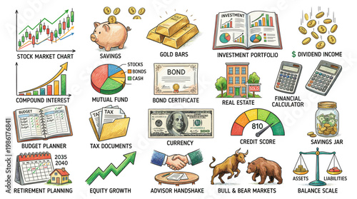 Hand drawn finance and investment icon set with stock market, piggy bank, gold bars, budgeting charts, savings goals, retirement planning, documents and wealth management symbols