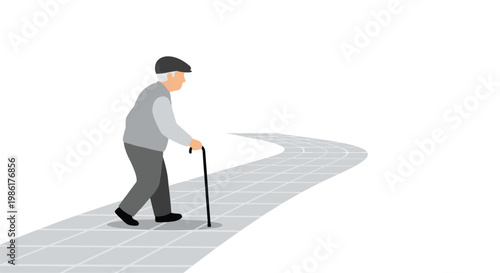 An elderly gentleman wearing a classic flat cap and grey vest walks carefully with a black cane along a curved grey tiled pedestrian path on a white background.