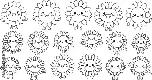 Cute Sunflower Character Set with Kawaii Faces, Playful Floral Designs for Spring, Gardening, and Nature-Themed Illustrations