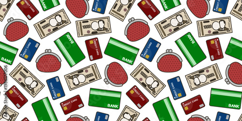 通帳とお金とクレジットカードと財布のシームレス背景画像。
